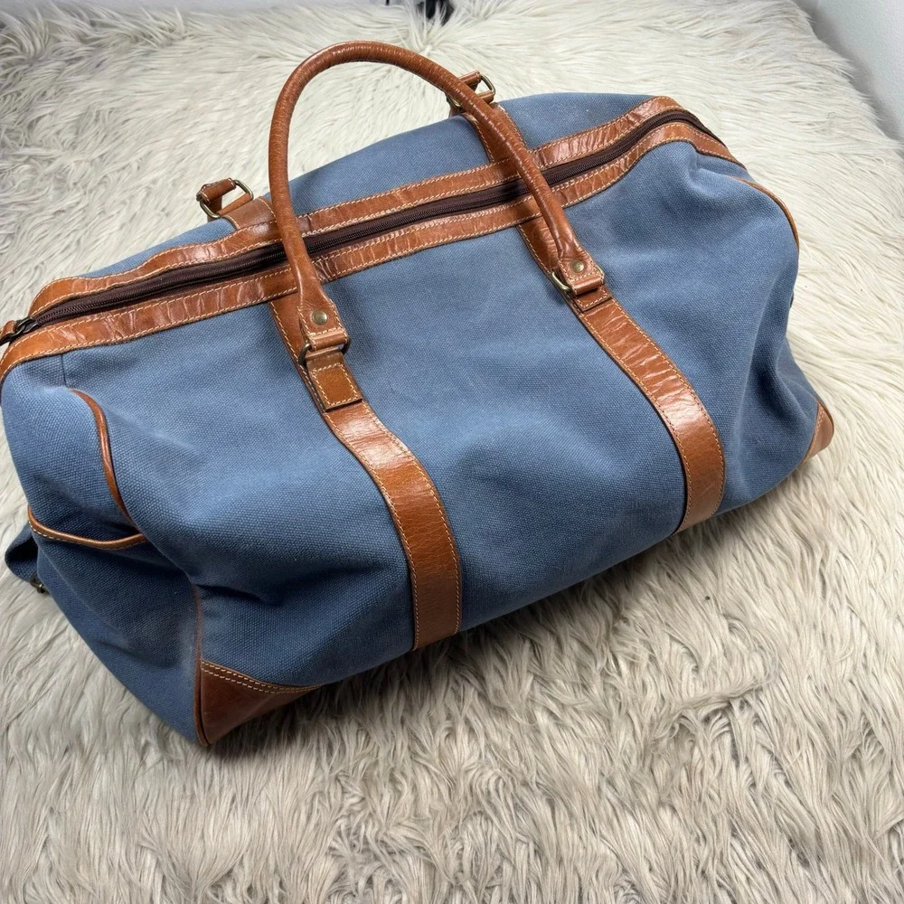 Vintage Fossil Blue Canvas Brown Leather Duffle Bag Travel Classic Preppy Retro